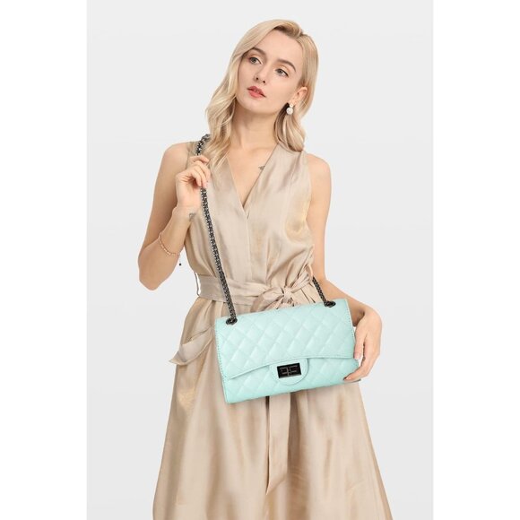 Women Light BluePU Quilted Stylish Crossbody Bag with Chain Strap & Flap Closure - Picture 2 of 6